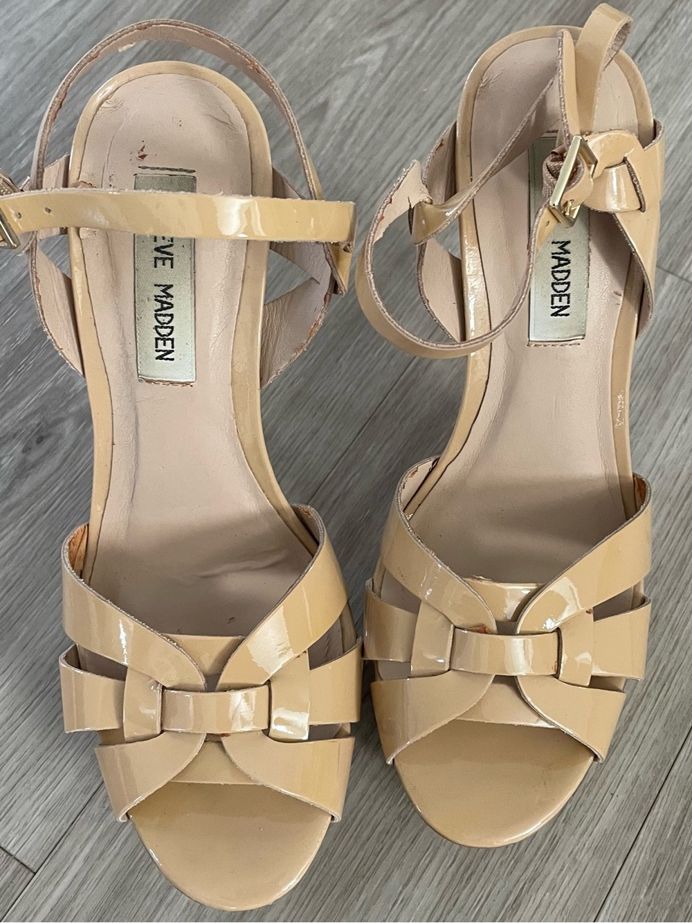 Steve Madden Beige Patent Ankle-Strap Heeled Sandals